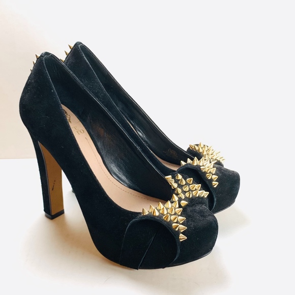 Vince Camuto Shoes - Vince Camuto Black Suede Gold Spiked Jamma Heel